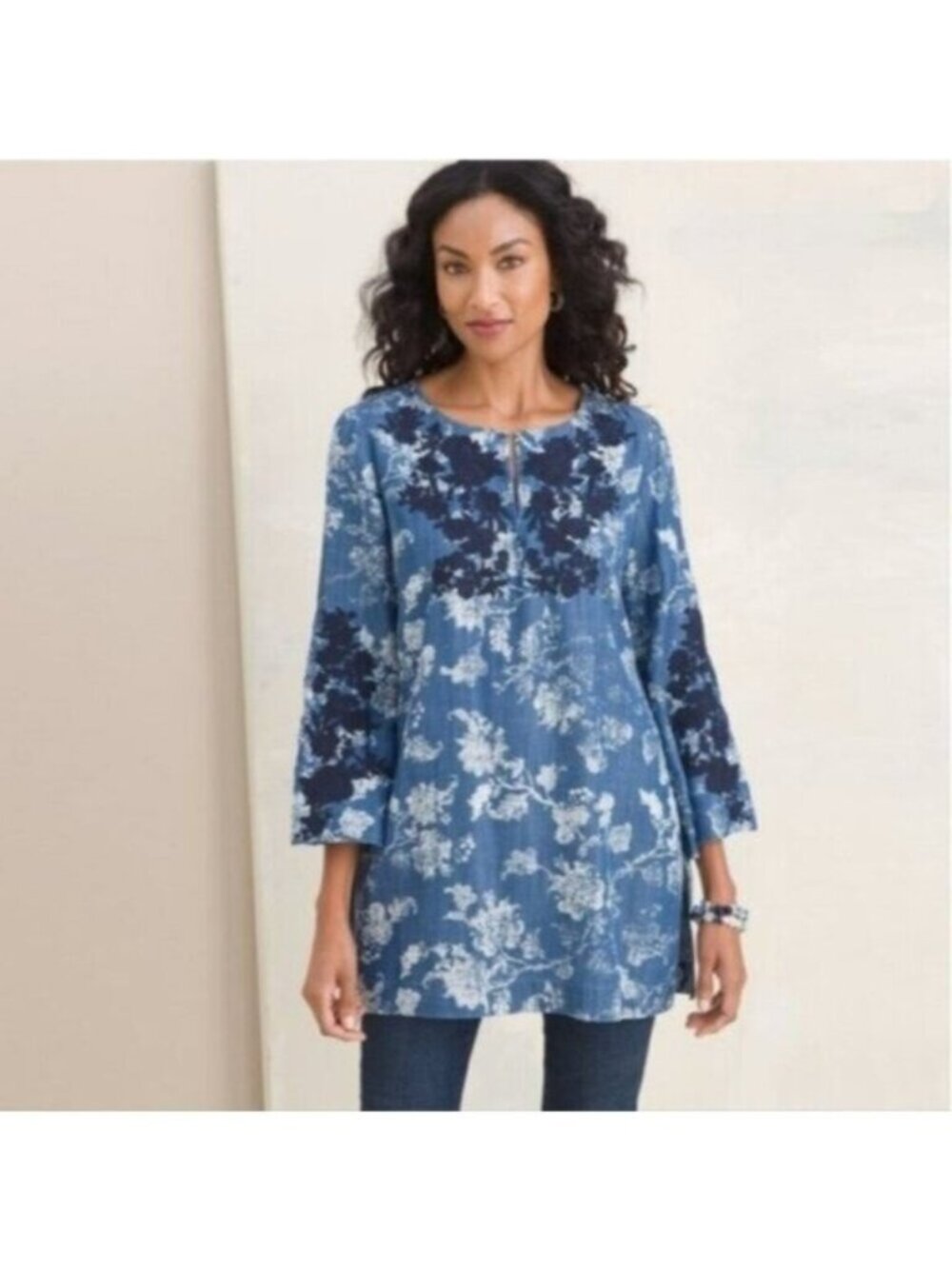 Embroidered Mix Print Top Denim Chambray Street Style